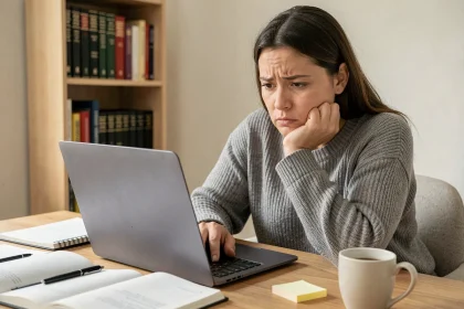 Femme concentrée devant son ordinateur portable corrigeant une faute d'orthographe dans un bureau à domicile