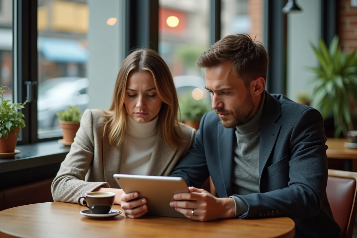 Couple dans un café comparant des plateformes en ligne sur une tablette à la recherche d'une meilleure solution