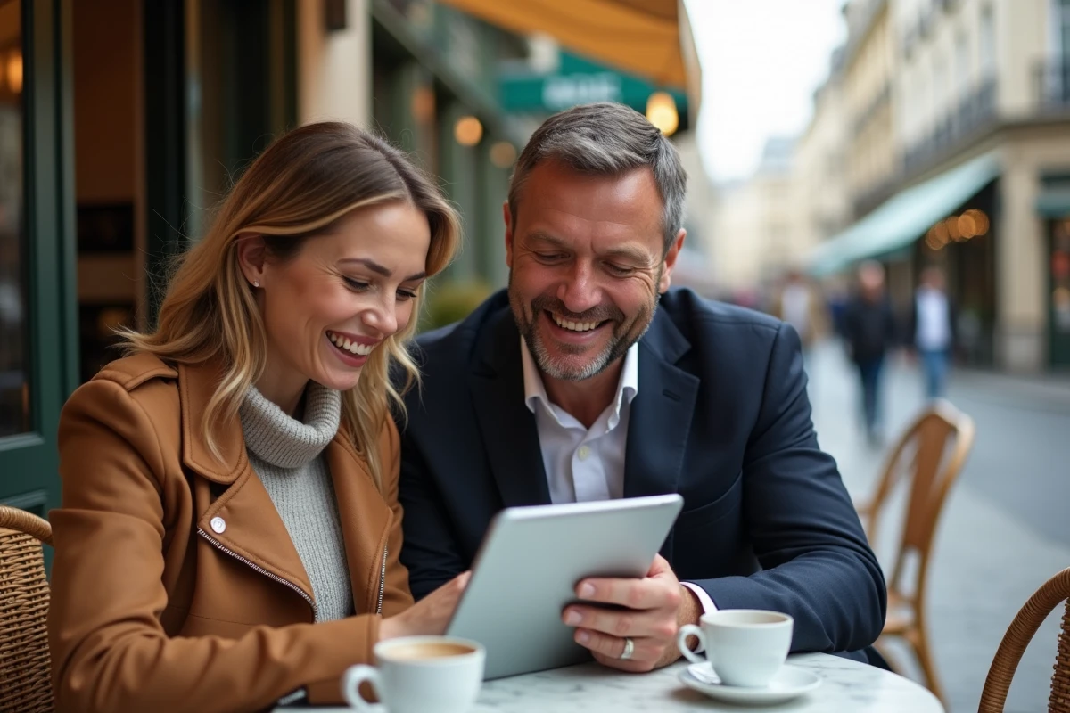 Couple de voyageurs consultant une assurance voyage sur tablette en terrasse de café parisien, préparation sécurisée du voyage en France