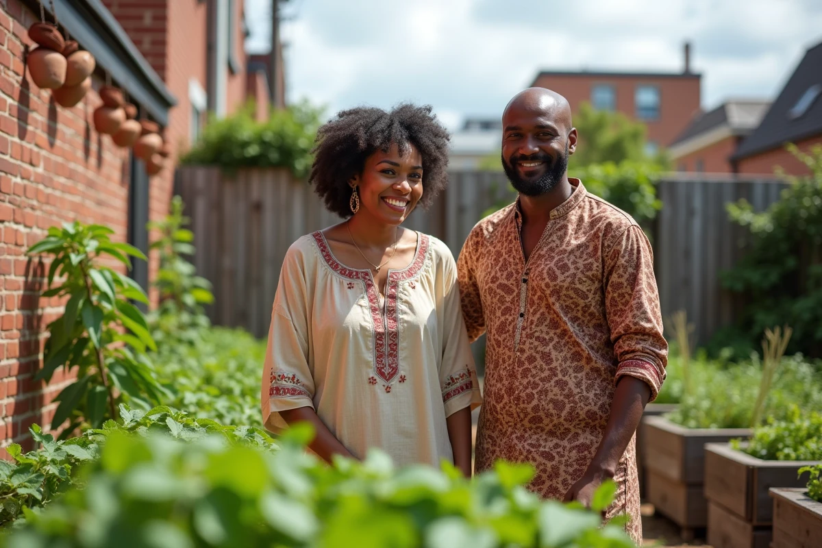 Couple interculturel prenant soin d'un jardin communautaire urbain avec des plantes de leurs cultures respectives, illustrant les avantages de la diversité culturelle au sein de la famille