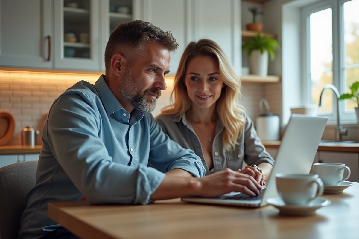 Couple planifiant le transfert de fonds de leur compte courant sur ordinateur portable