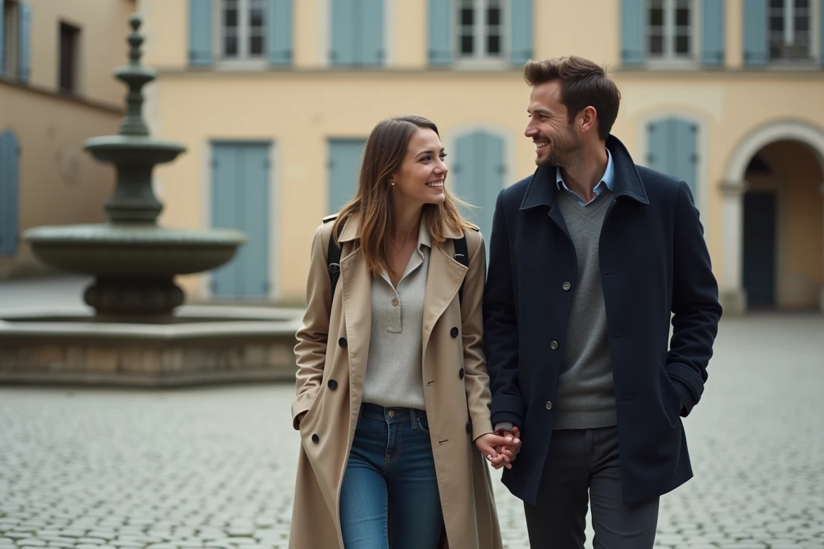 Couple se promenant dans une ville française déserte pendant un jour férié