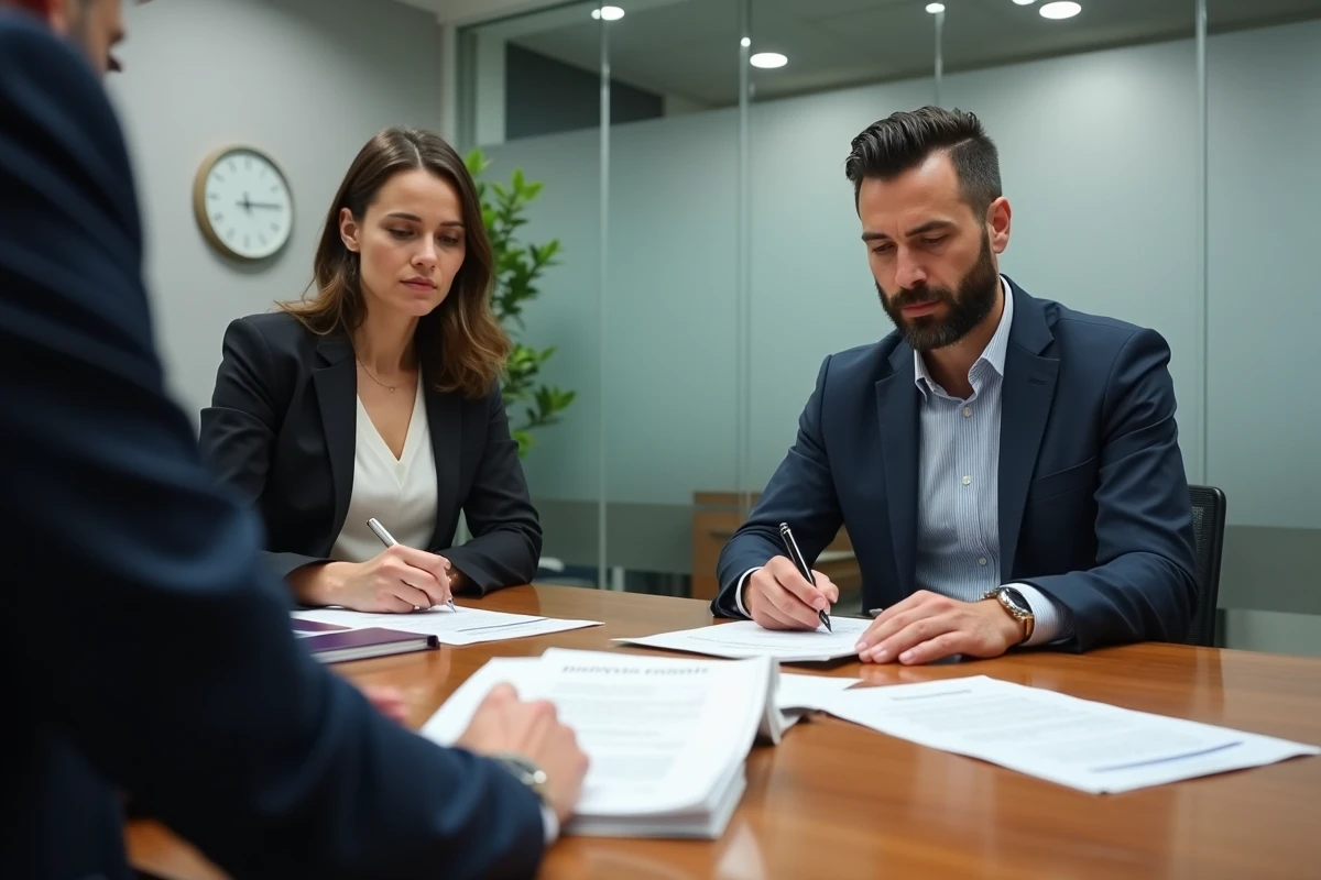 Couple en rendez-vous de consultation gratuite avec un notaire dans une salle de réunion moderne