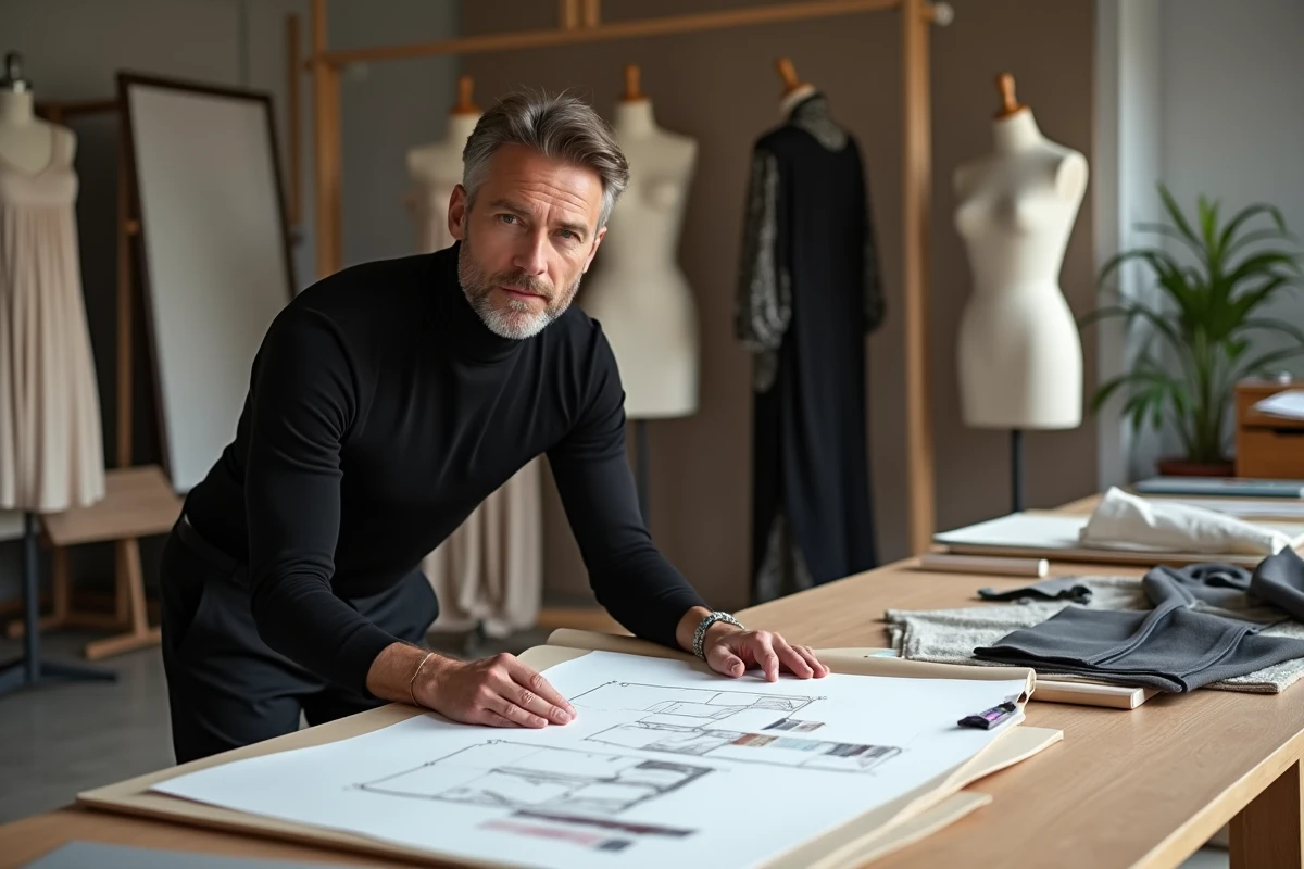 Créateur de mode masculin travaillant dans un atelier milanais, illustrant l'industrie textile d'un pays leader de la mode mondiale