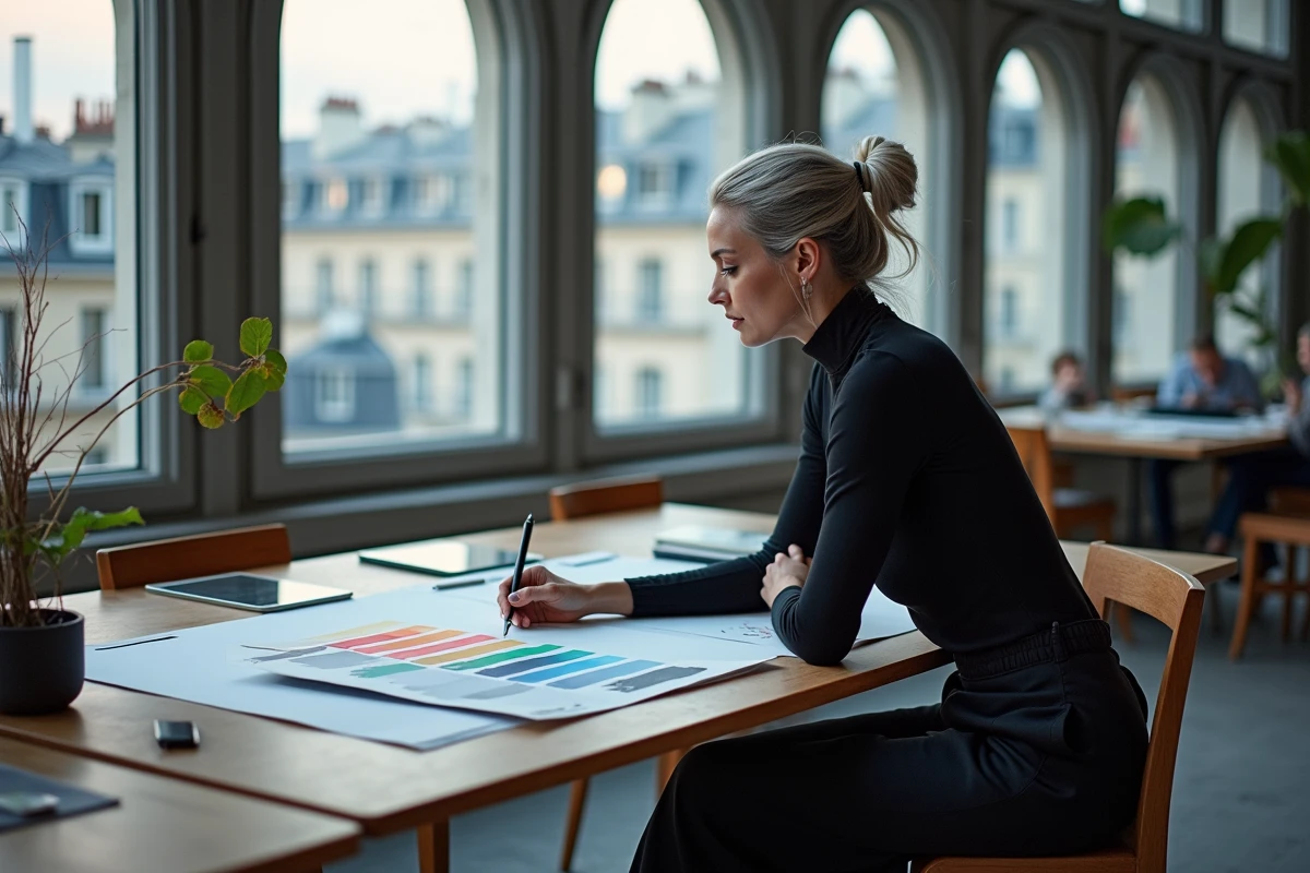 Créatrice de mode renommée assise à une table à dessin avec des croquis de mode dans un studio parisien moderne