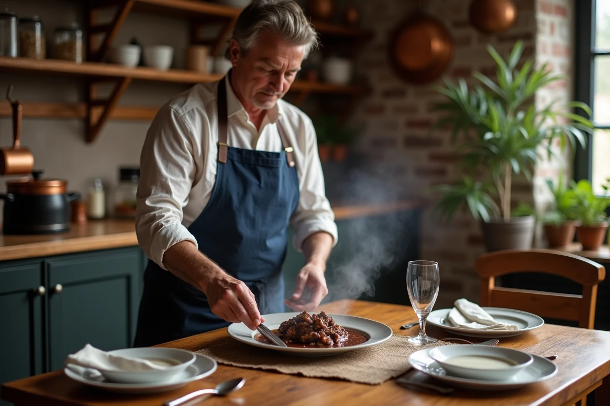 Cuisinier à domicile servant un boeuf bourguignon comme plat principal après l'entrée lors d'un repas familial en cuisine rustique