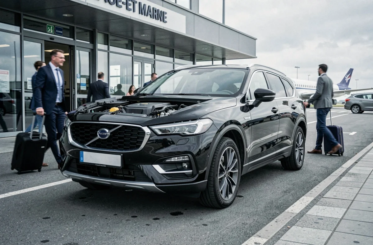 Un SUV noir au ralenti devant une zone de dépose d'un aéroport régional avec un voyageur d'affaires en partance, illustrant le service Departure