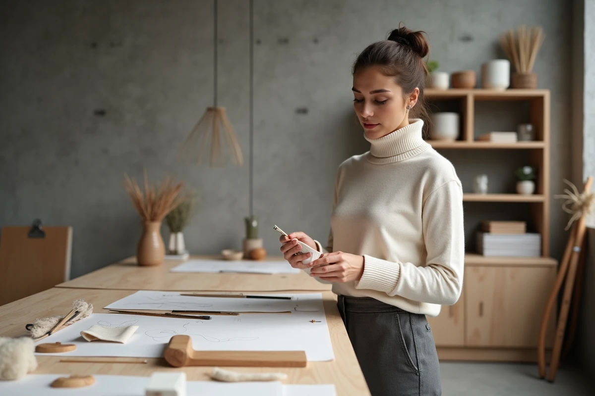 Designer scandinave examinant un prototype en bois dans un atelier nordique épuré, incarnant l'approche fonctionnelle et artisanale du design scandinave