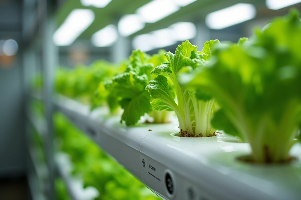 Gros plan sur des plants de laitue en culture hydroponique dans des bacs blancs d'une ferme verticale urbaine