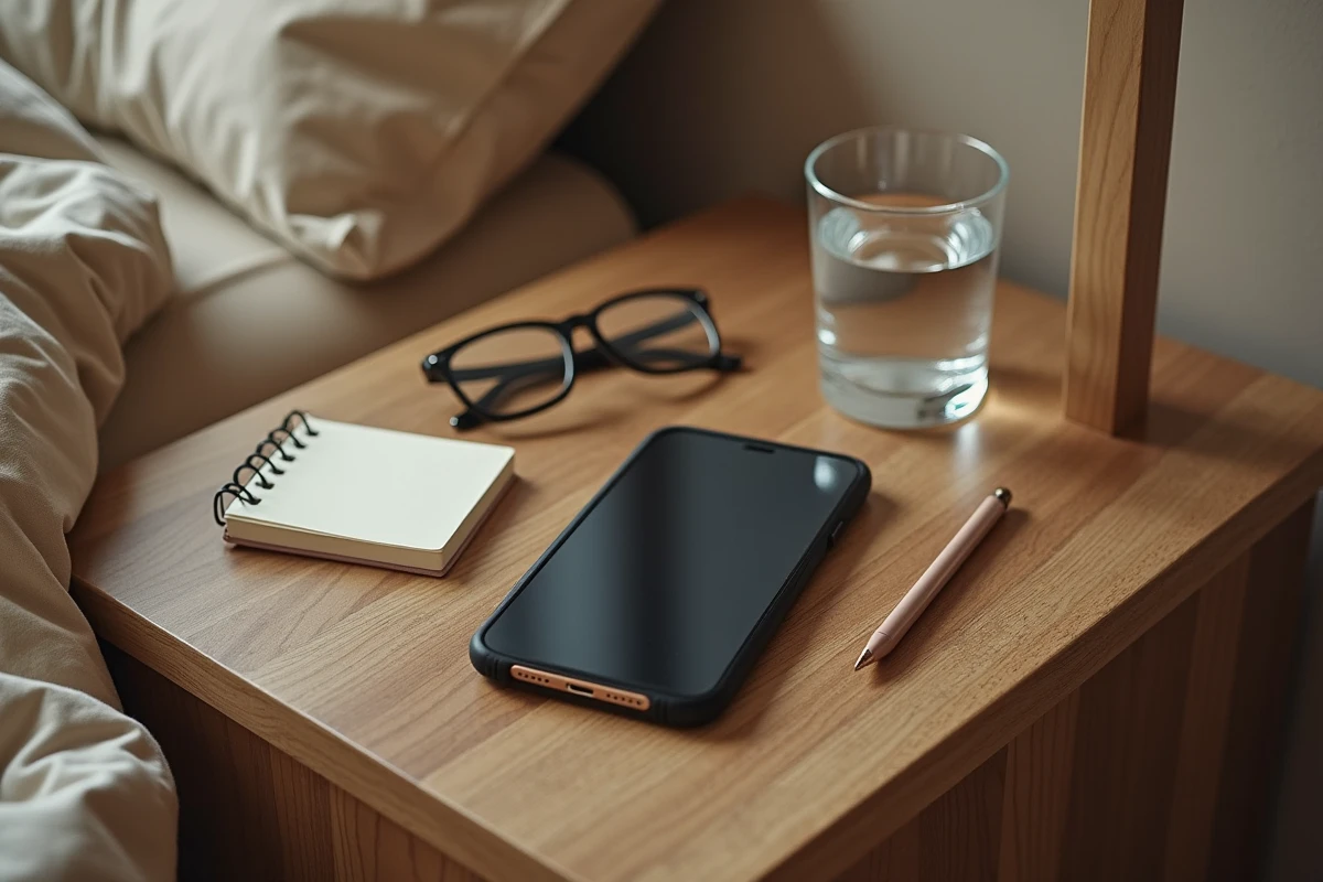 Téléphone retourné sur une table de nuit avec carnet et verre d'eau symbolisant la déconnexion numérique pour un meilleur sommeil