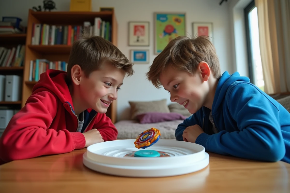 Deux adolescents regardant leurs Beyblades s'affronter dans une arène blanche posée sur une table