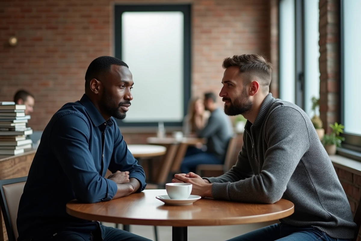 Deux hommes engagés dans un dialogue respectueux et éthique dans un café urbain minimaliste, symbolisant l'échange de valeurs et la compréhension mutuelle
