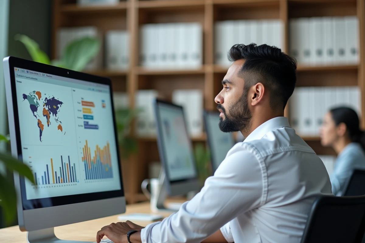 Analyste masculin examinant des indicateurs de progrès des ODD sur un écran d'ordinateur dans un espace de travail moderne, illustrant la dimension économique du développement durable