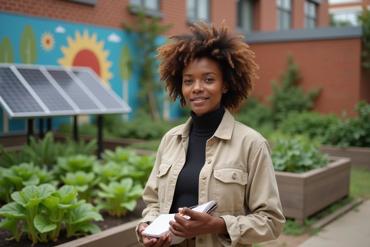 Femme professionnelle devant un jardin urbain communautaire illustrant la dimension environnementale des objectifs de développement durable