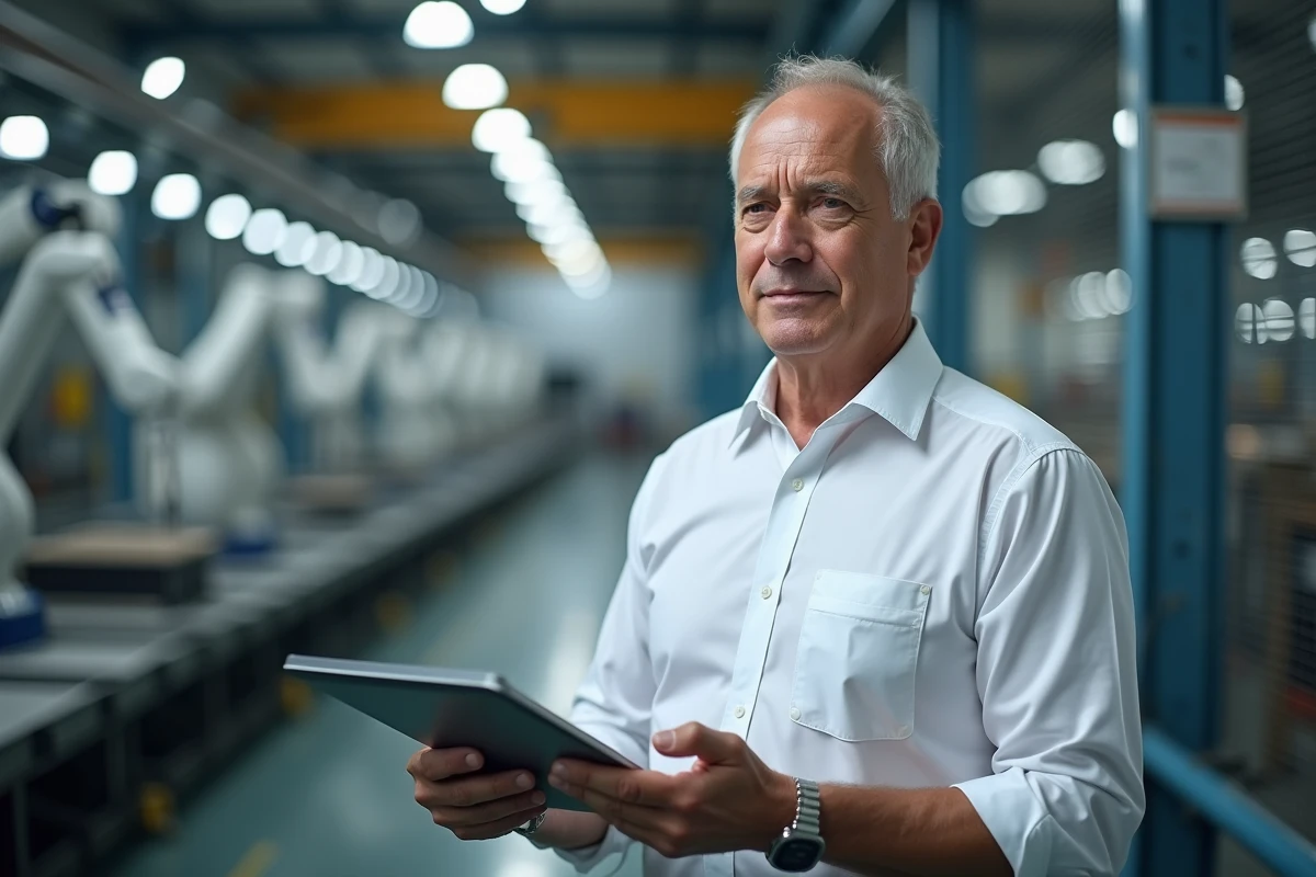 Directeur d'usine tenant une tablette avec des indicateurs de performance économique dans une installation industrielle automatisée