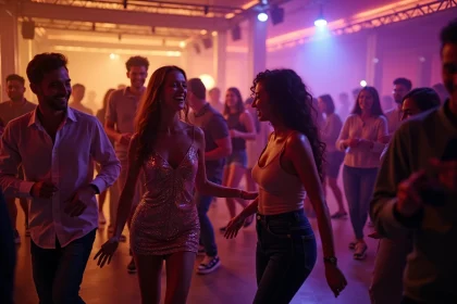 Groupe de jeunes adultes dansant dans une discothèque de Perpignan avec ambiance colorée et décor moderne