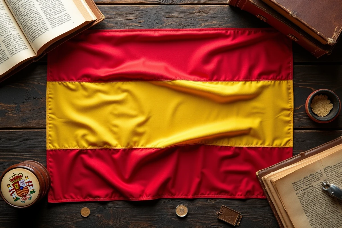 Vue du dessus du drapeau espagnol étalé avec des objets historiques symboliques illustrant la signification des couleurs de l'Espagne
