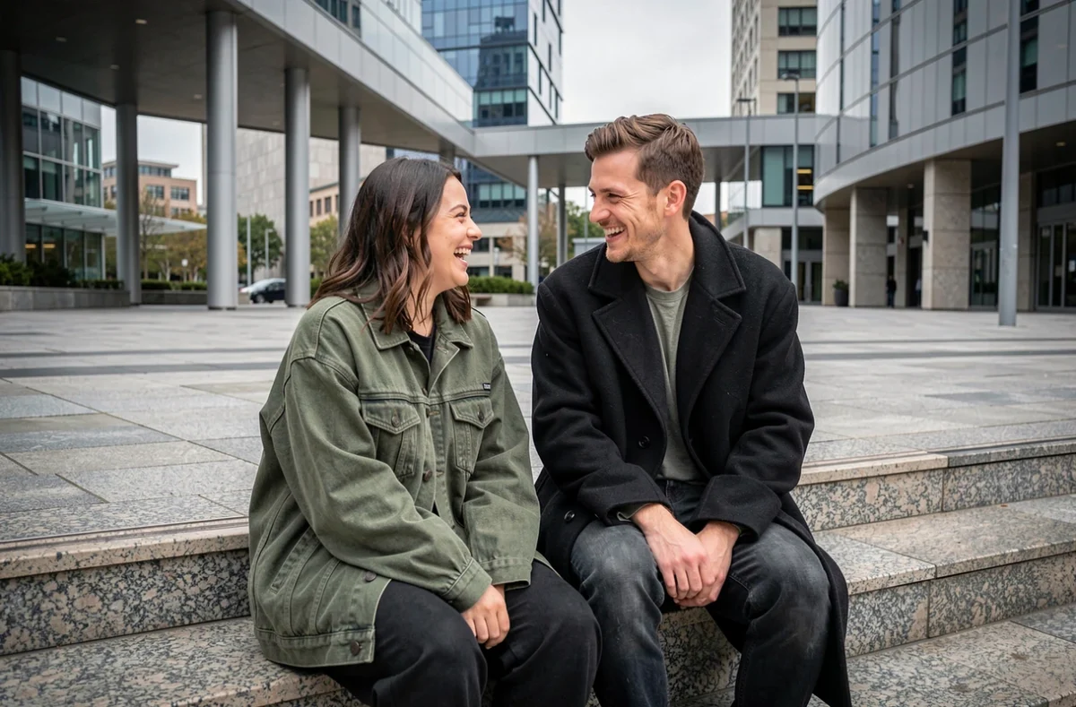Deux amis en vestes oversize assis sur les marches d'une place urbaine moderne, style streetwear contemporain