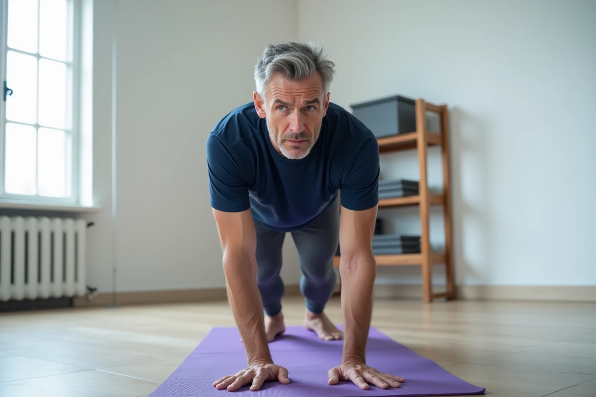 Homme mature en cours de yoga découvrant les limites de sa souplesse lors d'une première séance en studio