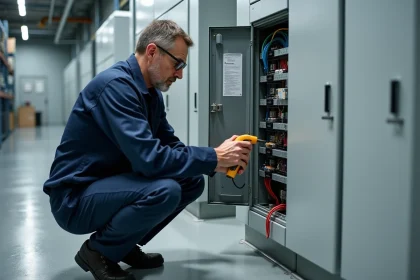 Électricien professionnel inspectant un tableau électrique industriel lors d'un contrôle réglementaire en entreprise