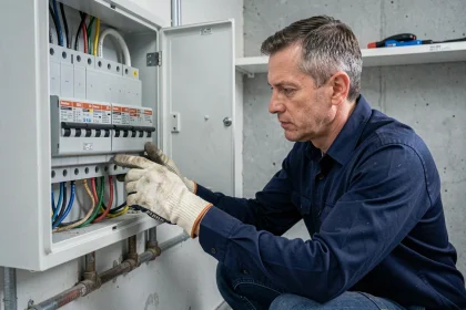 Électricien inspectant un tableau de disjoncteurs résidentiel pour vérifier les fusibles et la capacité en ampères