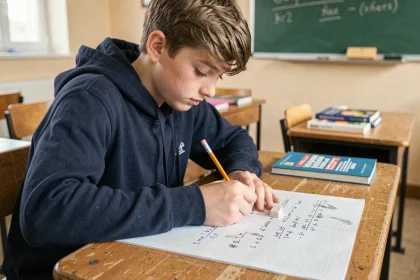 Élève adolescent écrivant des conversions de mètres cubes en litres sur du papier millimétré dans une salle de classe