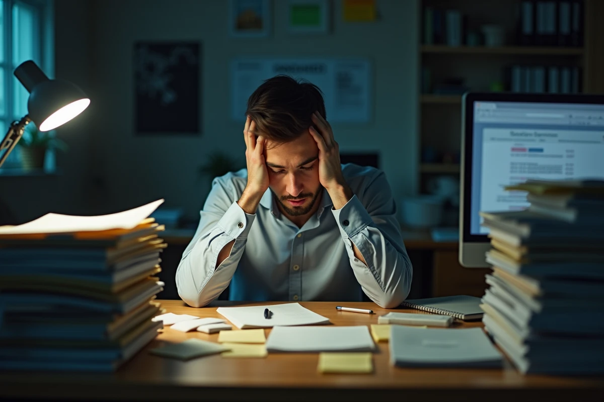 Employé épuisé et stressé seul à son bureau, victime de surcharge de travail liée à un management toxique
