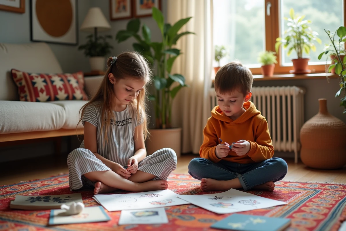 Deux enfants de cultures différentes créant des artisanats traditionnels ensemble sur un tapis coloré, symbolisant l'enrichissement mutuel au sein des familles diversifiées