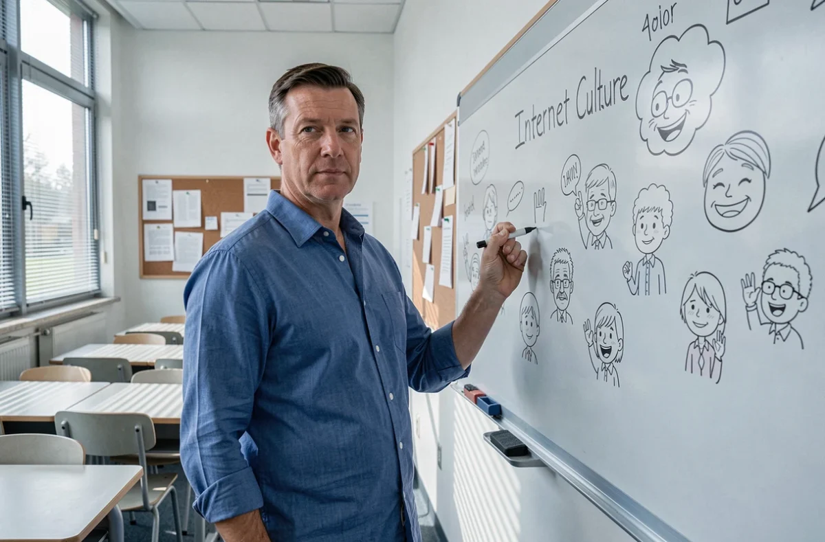 Enseignant expliquant les tendances virales et le phénomène brainrot devant un tableau de classe