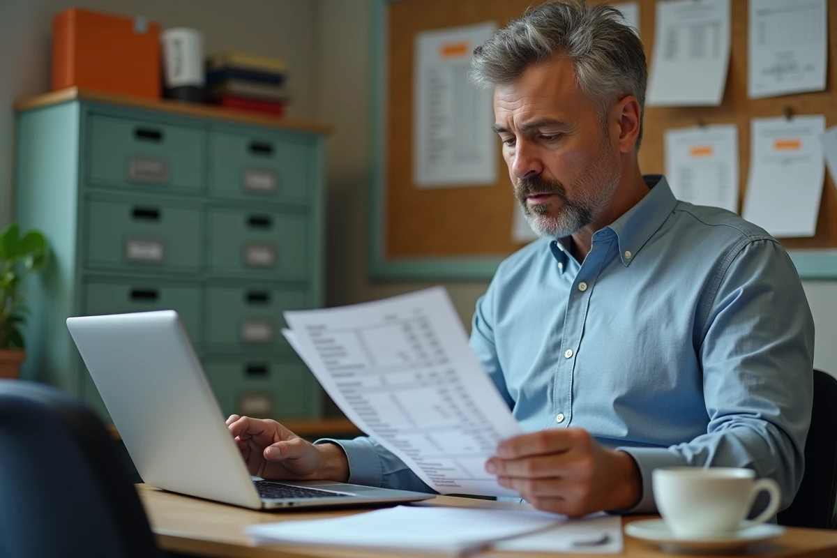 Enseignant certifié consultant sa fiche de salaire et un tableau de grille indiciaire dans la salle des professeurs