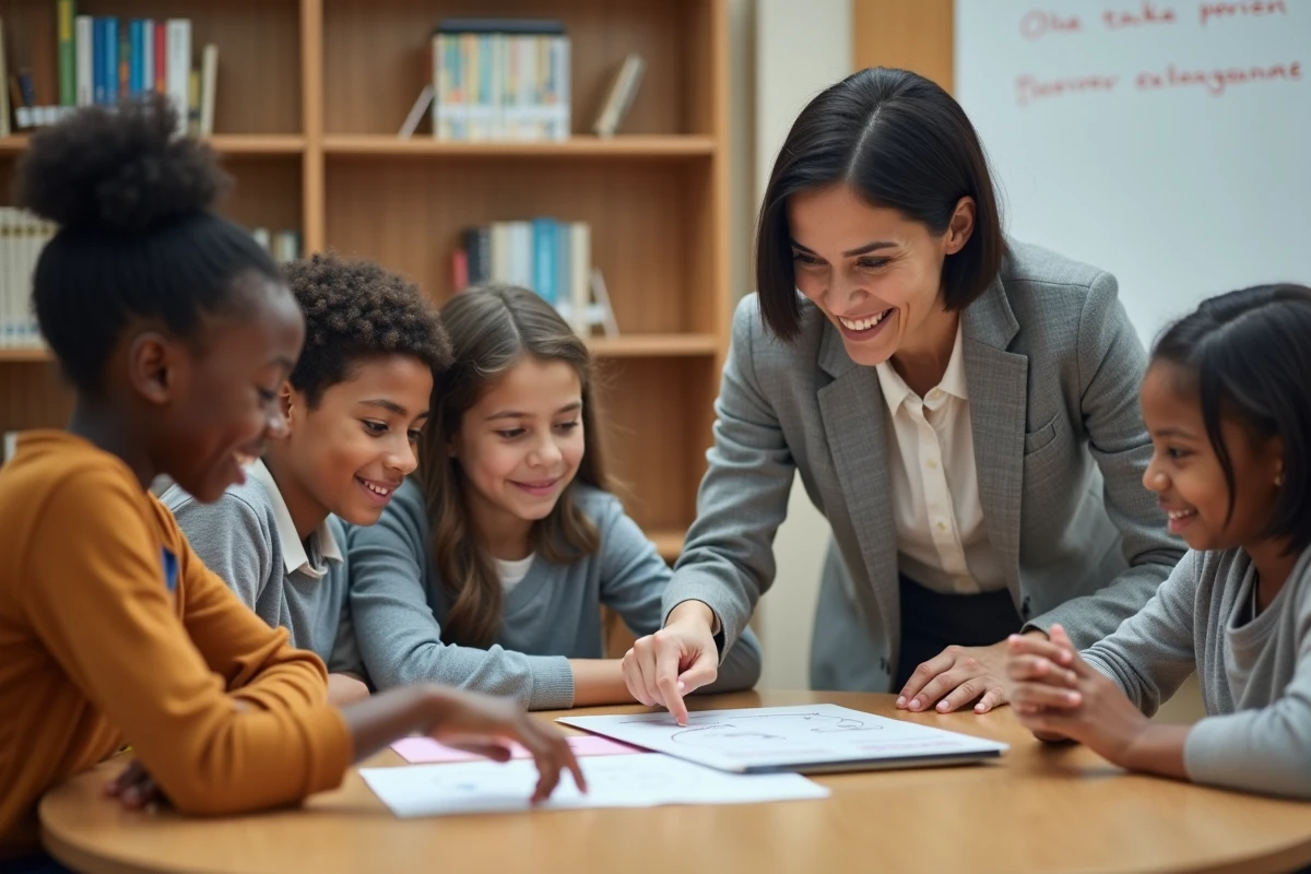 Enseignante accompagnant des élèves dans une activité de jeu sérieux collaboratif en bibliothèque scolaire