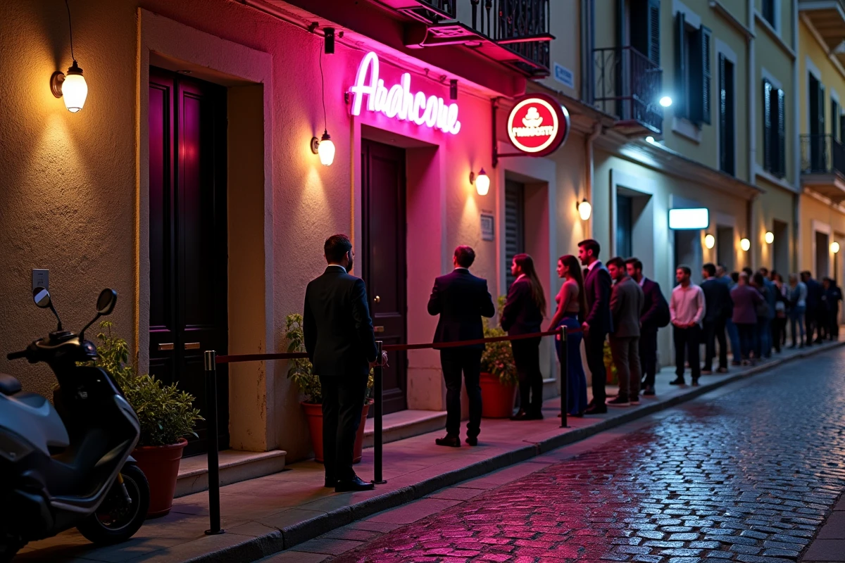File d'attente devant l'entrée d'une discothèque de Perpignan en soirée avec façade en pierre et enseigne lumineuse