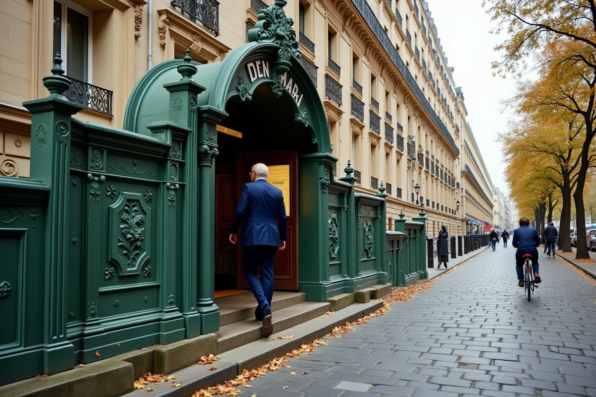 Entrée de métro parisien avec marquise Art Nouveau de Guimard en fer forgé vert, homme en costume descendant dans la station sur un boulevard haussmannien en automne