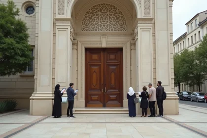 Entrée extérieure de la mosquée de Ris-Orangis avec des visiteurs lisant le panneau d'accueil avant leur première visite