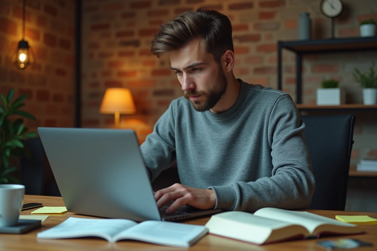 Jeune entrepreneur travaillant sur son ordinateur portable dans un espace de coworking, illustrant l'impact des start-up technologiques sur le développement économique