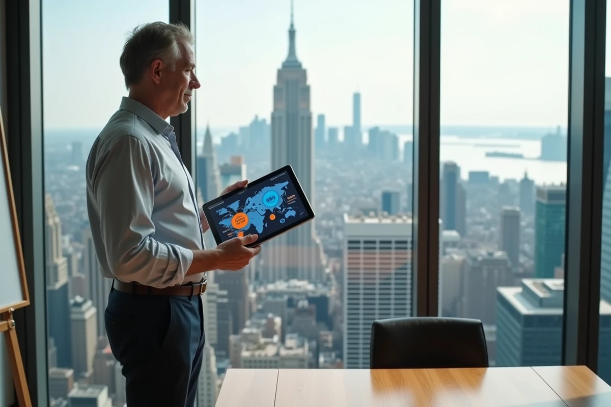 Entrepreneur fintech tenant une tablette avec carte de l'écosystème des startups devant les toits de New York
