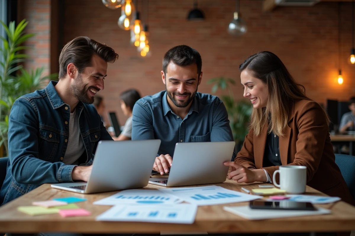 Groupe d'entrepreneurs collaborant autour de données économiques et technologiques dans un espace de co-working