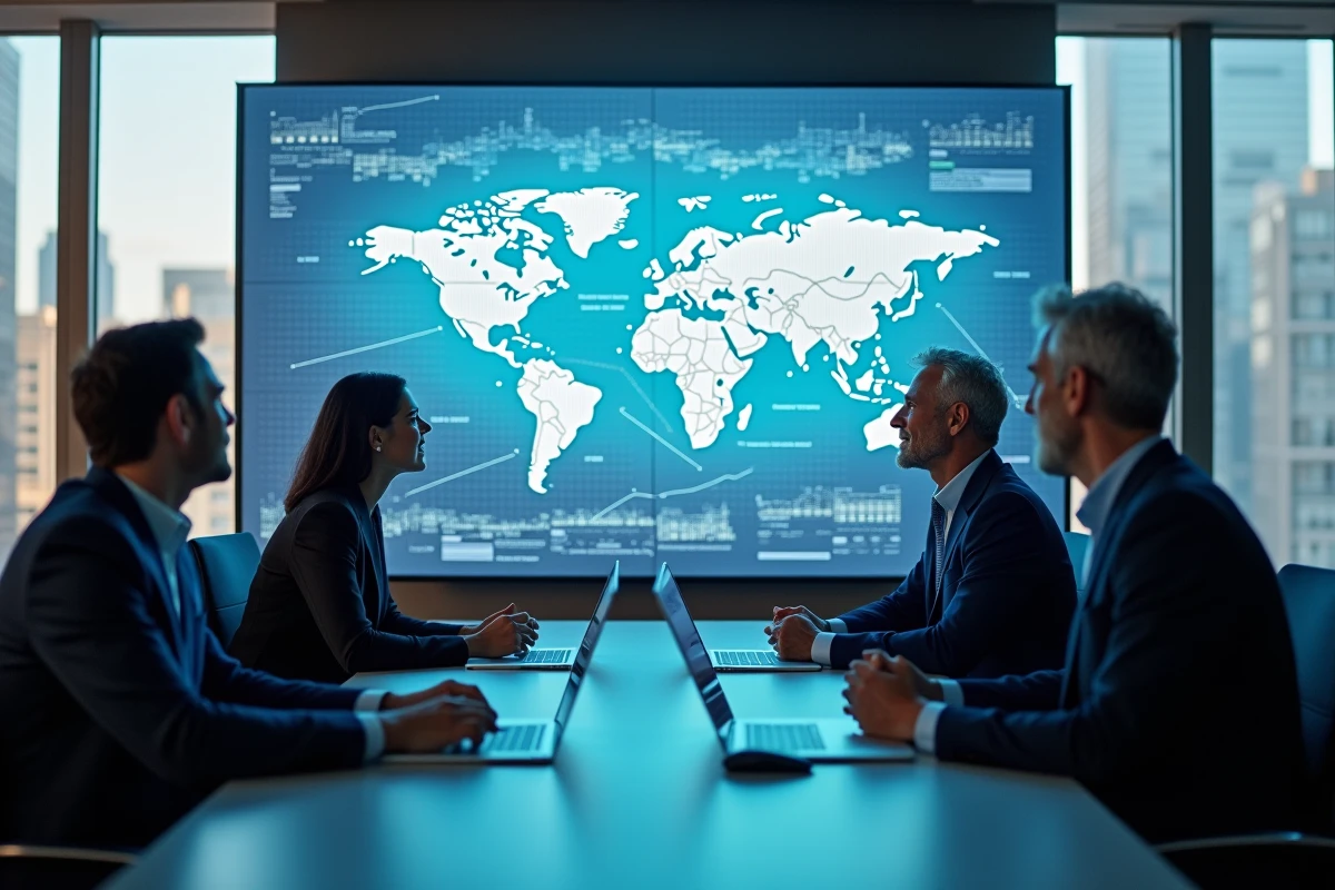 Équipe de professionnels analysant des graphiques de croissance économique sur un écran interactif dans une salle de réunion moderne en milieu urbain