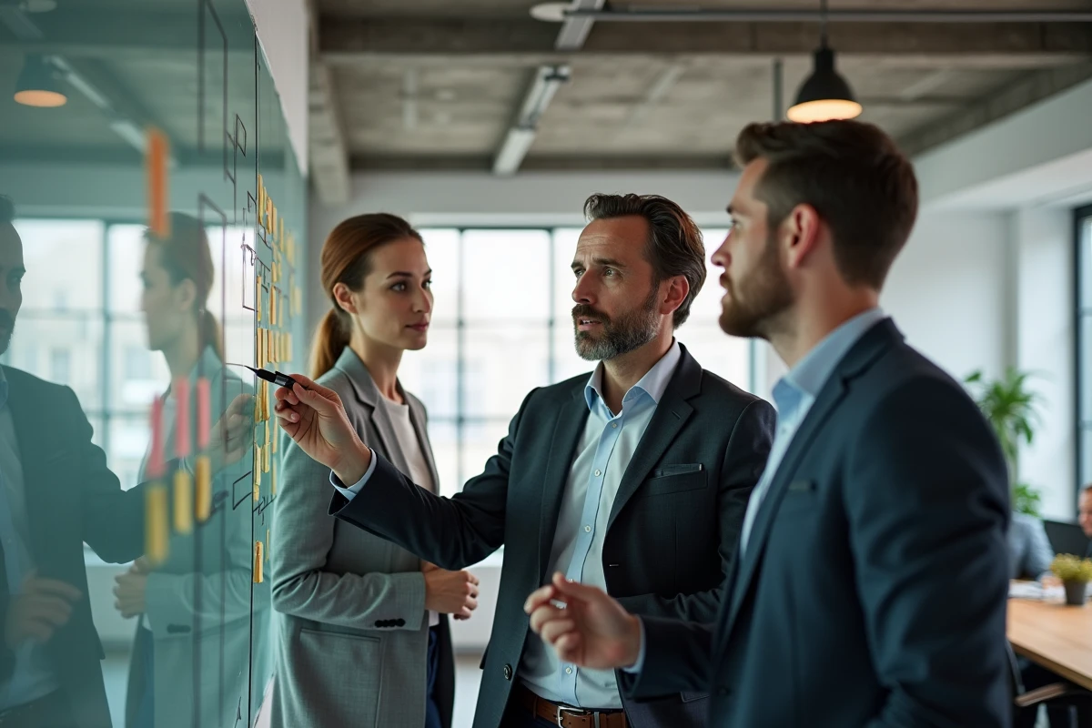 Équipe en atelier qualité ISO 9001 autour d'un tableau de processus dans un bureau lyonnais moderne