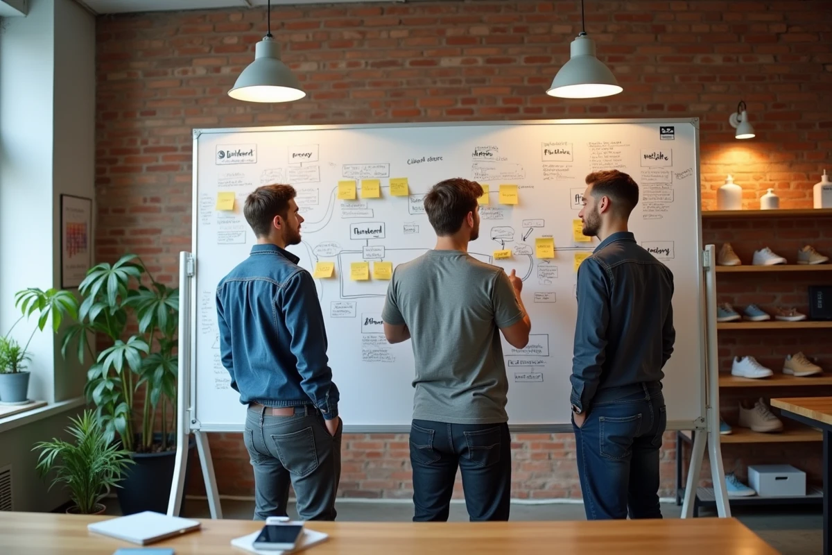 Équipe créative de trois professionnels en train de brainstormer une stratégie de collaboration de marque devant un tableau blanc couvert de logos et de notes dans un espace de coworking