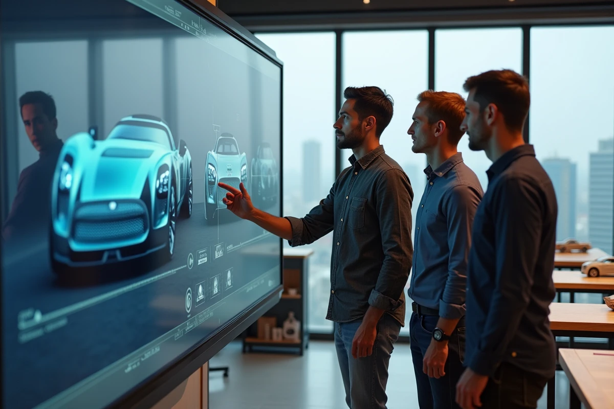 Équipe de designers automobiles collaborant autour d'un écran tactile avec des rendus 3D de futurs modèles de voitures dans un studio de conception moderne