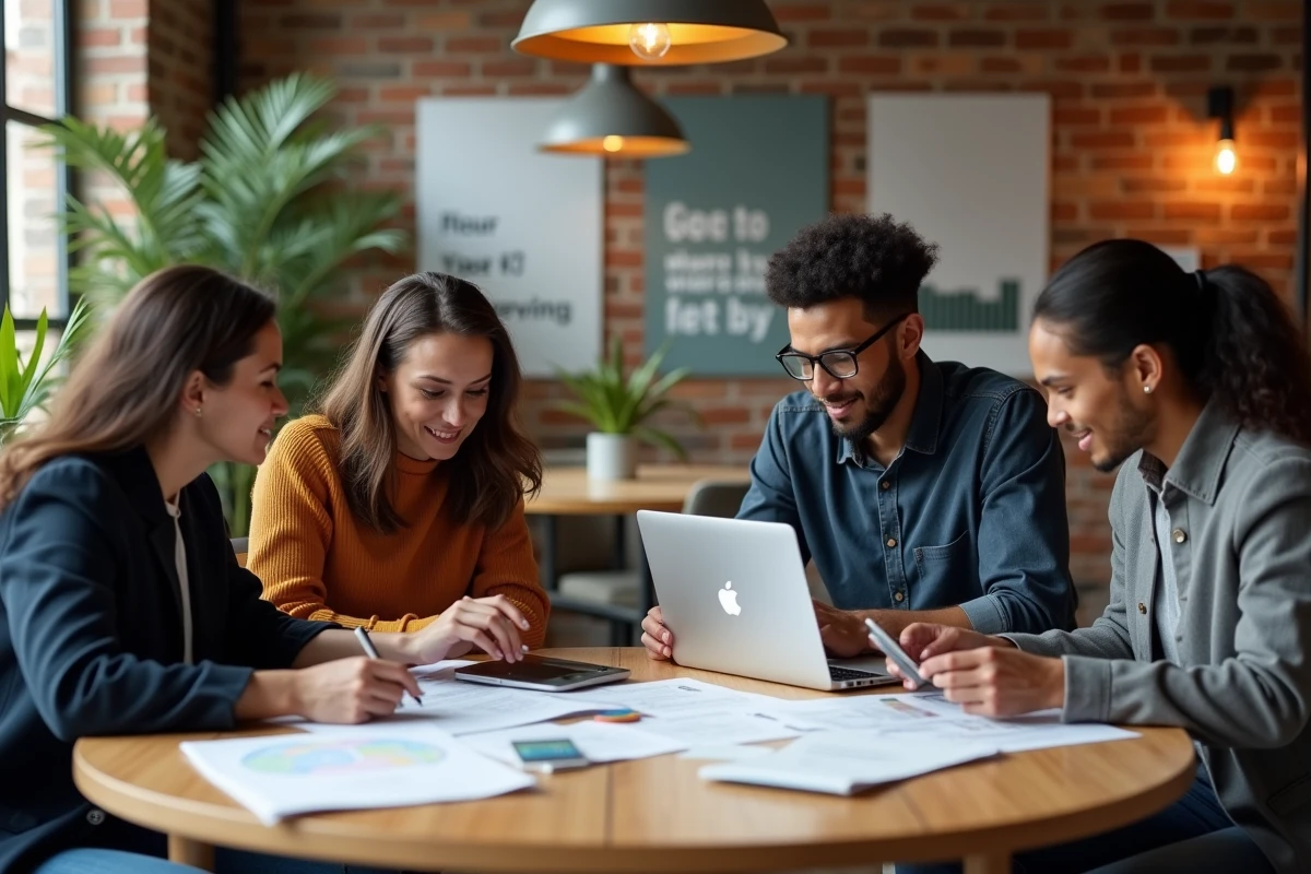 Équipe pluridisciplinaire de professionnels fintech collaborant dans un incubateur de startups à San Francisco