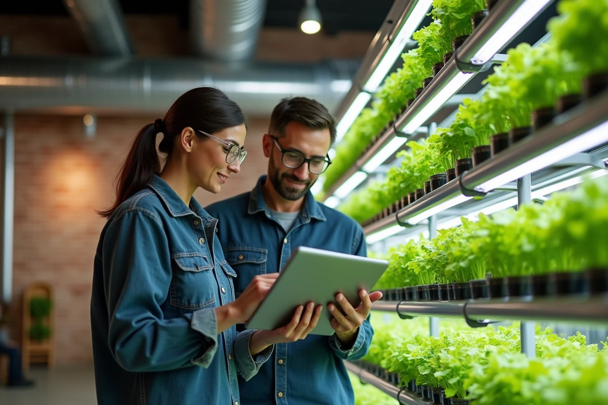 Deux ingénieurs agronomes analysant les données de production dans un entrepôt reconverti en ferme verticale automatisée