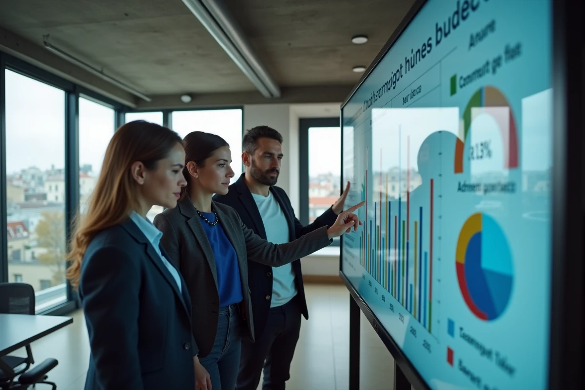 Équipe de professionnels examinant les graphiques du budget national français pour 2026 dans un bureau moderne