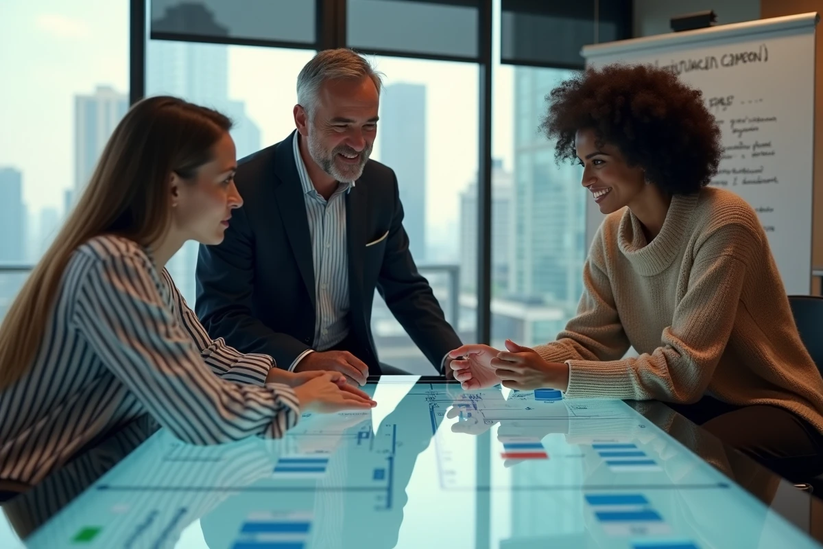 Équipe RH collaborant autour d'une table tactile numérique pour gérer les talents et le recrutement, symbolisant la digitalisation des processus RH en entreprise