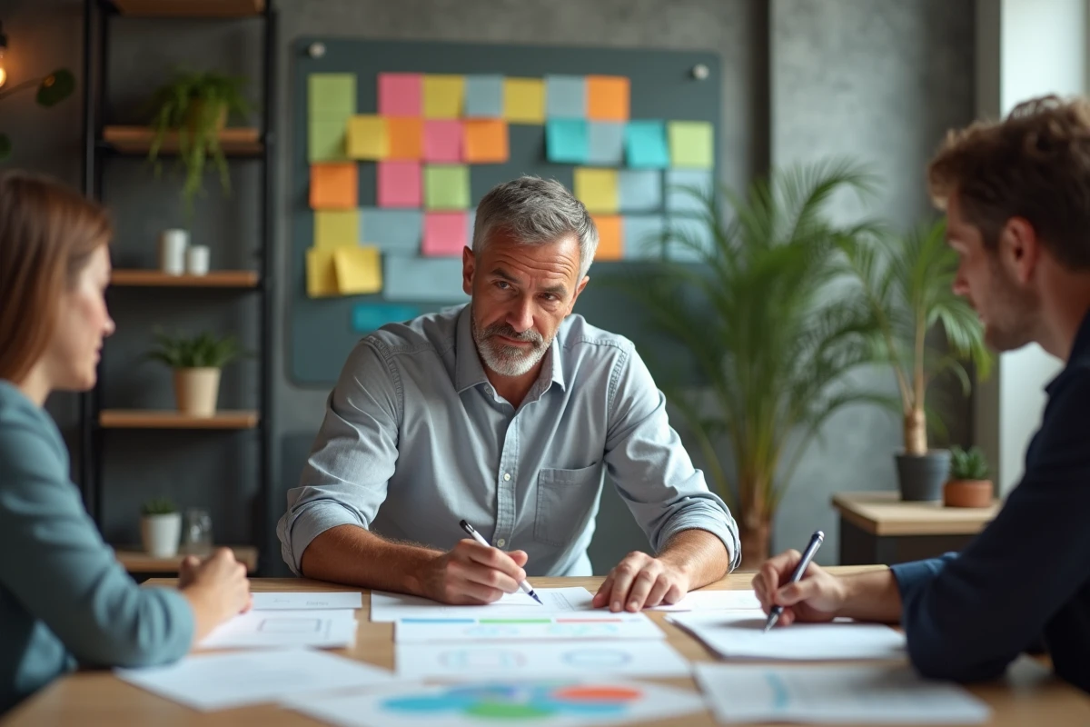 Équipe de professionnels collaborant sur une stratégie de transformation avec des notes de travail et un tableau blanc en atelier créatif