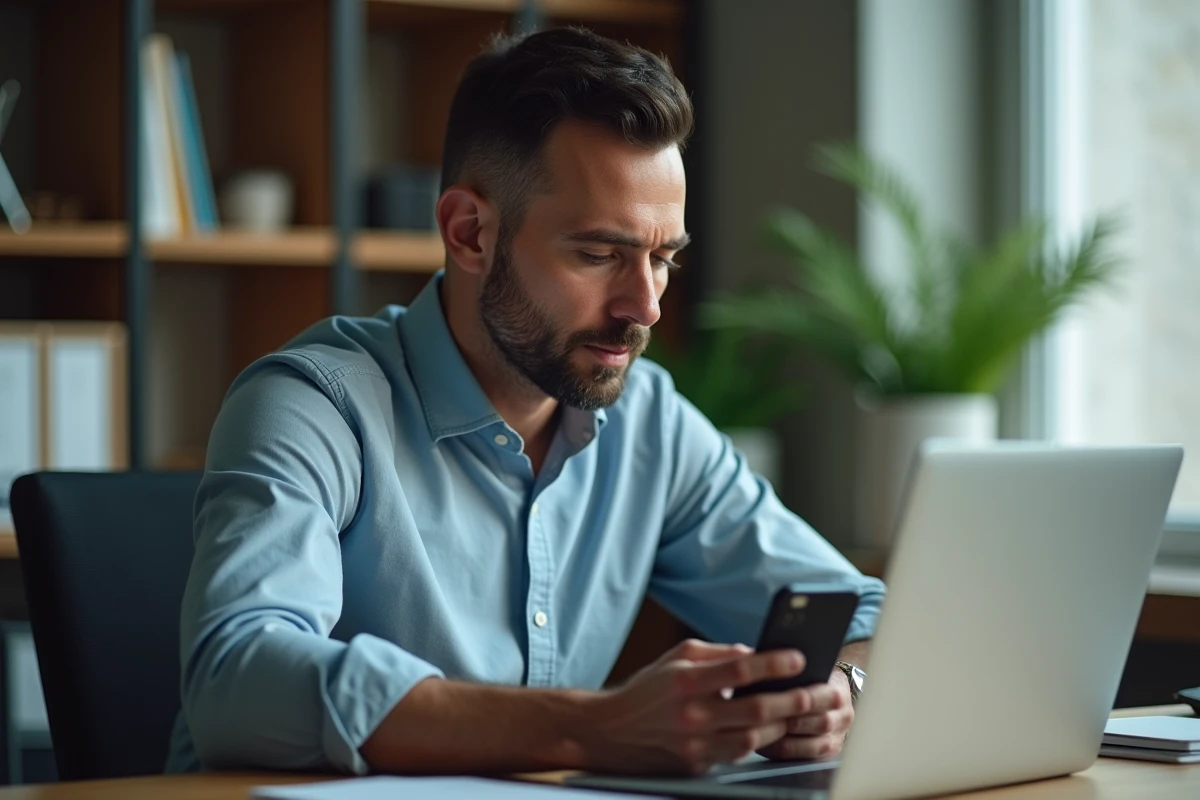 Homme accédant à un site web depuis son mobile dans un bureau à domicile