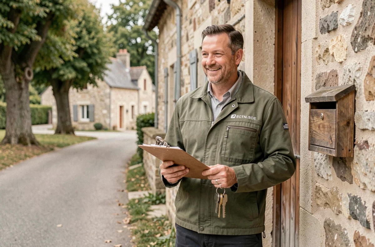 Technicien d'Etienne Services secteur Creuse devant une maison rurale, tenant un trousseau de clés et un carnet d'intervention