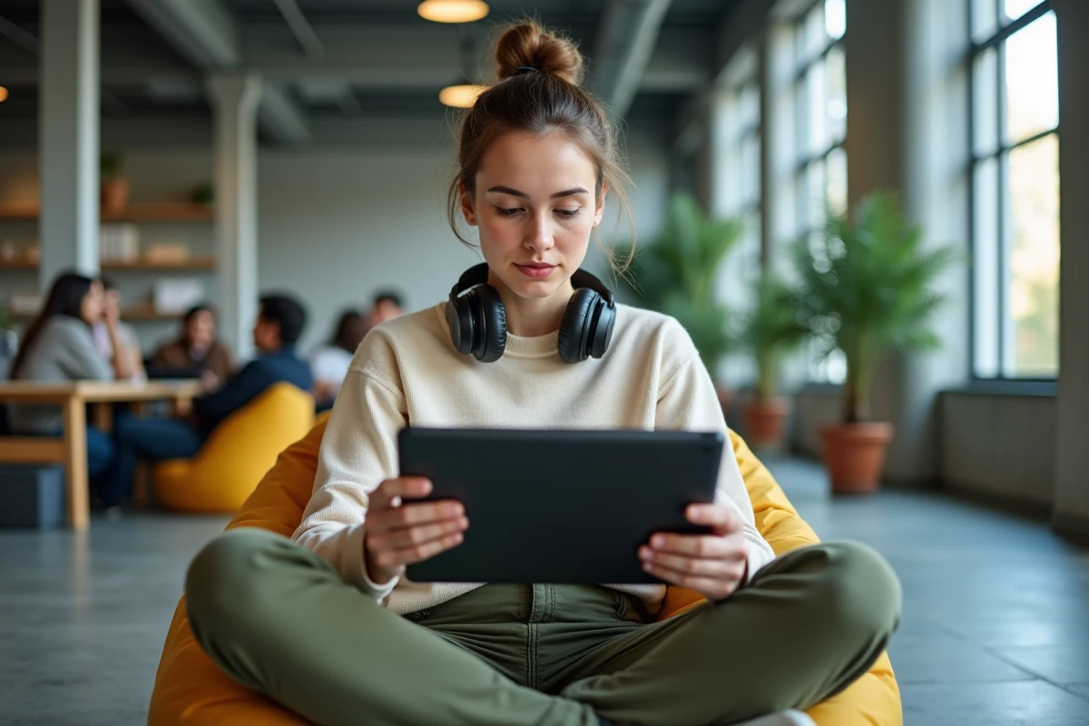 Étudiante universitaire utilisant une plateforme d'apprentissage gamifiée dans un espace de coworking moderne