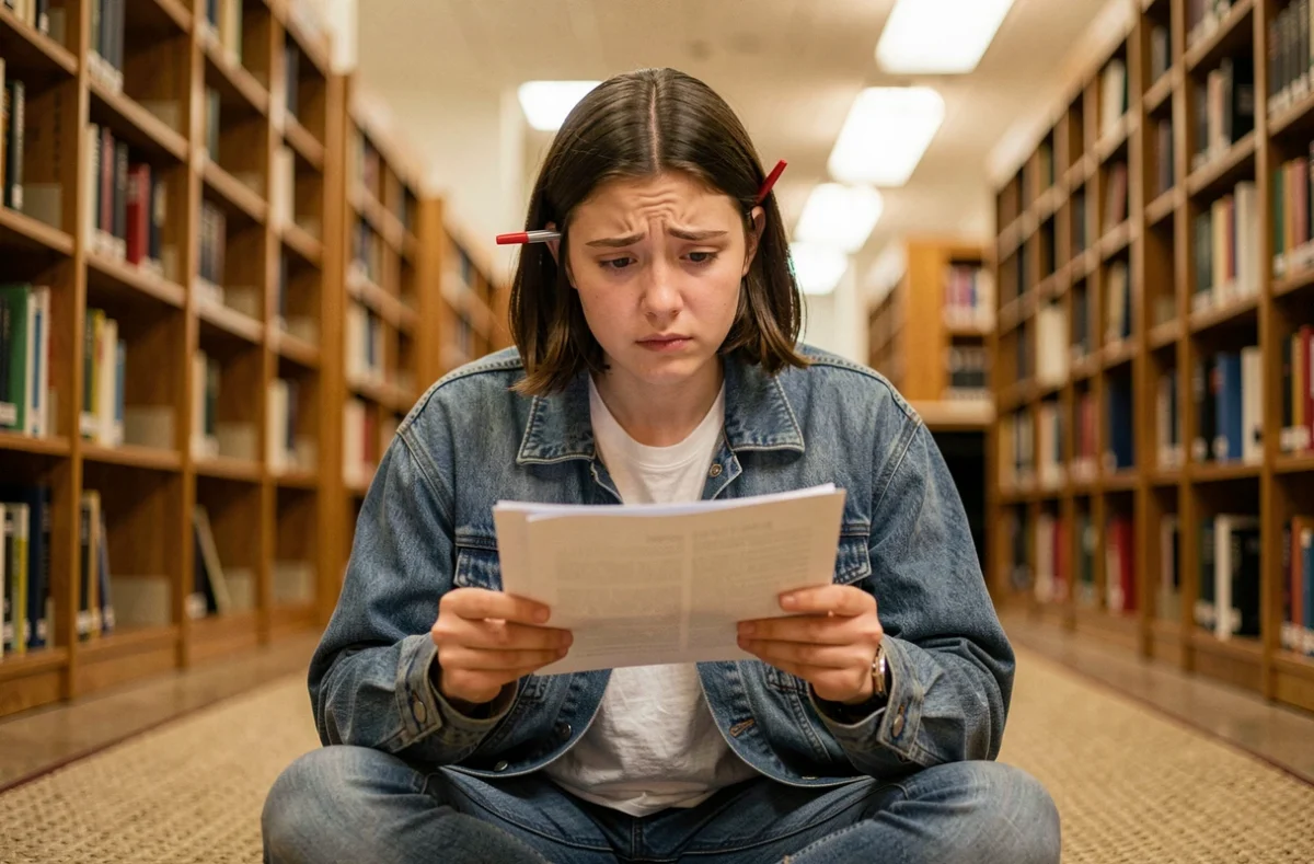 Étudiante relisant attentivement un document imprimé dans une bibliothèque universitaire avec un stylo rouge